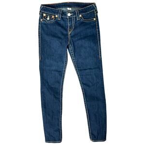 True Religion Dark Blue Low Rise Flap Big T Skinny Jeans Size 27 Contrast Stitch